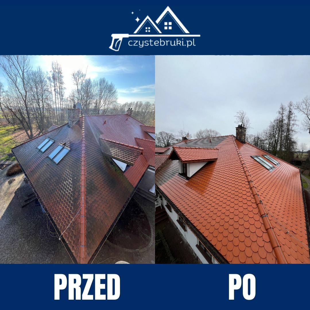 Porównanie dachu z dachówki karpiówki przed i po czyszczeniu: lewa strona dachu pokryta ciemnym nalotem, prawa strona z intensywną, czerwoną barwą dachówek. Widoczne okna dachowe i komin.