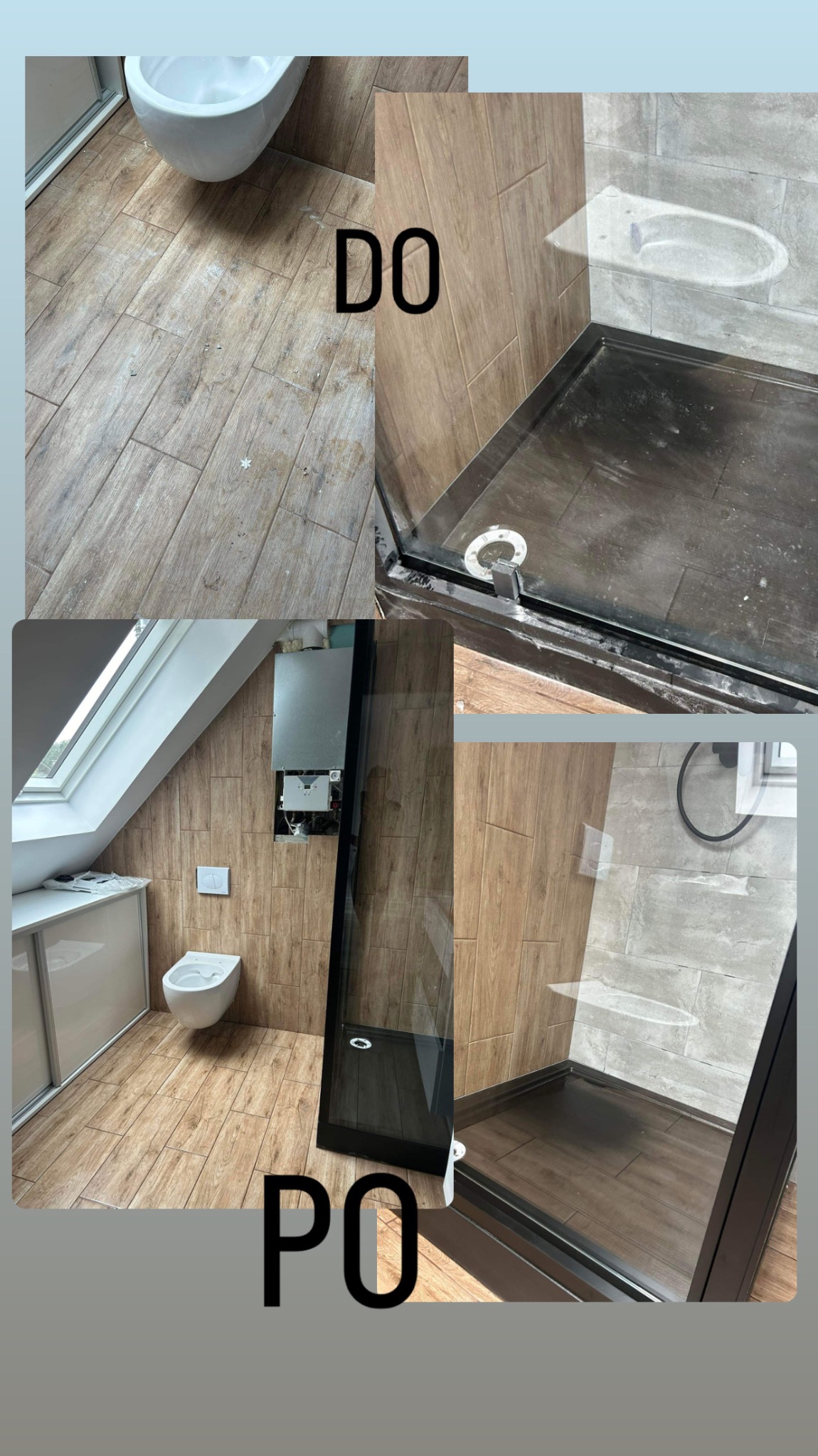 Porównanie stanu łazienki przed i po remoncie: brudna podłoga i brodzik kontra czyste powierzchnie, nowa kabina prysznicowa i sanitariaty.