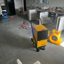 Żółty osuszacz powietrza Master na kółkach i wentylator podłogowy w pomieszczeniu z mokrą, szarą podłogą z płytek, na tle zlewozmywaków, szafek kuchennych i sprzętów.