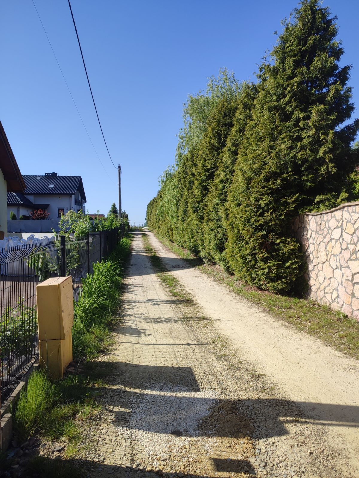 Długa, żwirowa droga dojazdowa w Bielsko-Białej, otoczona z jednej strony wysokimi tujami i kamiennym murem, a z drugiej ogrodzeniem i domem.