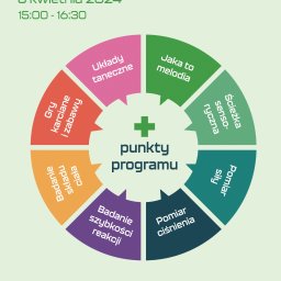 Zuzanna Zapart - Plakat informacyjny o Dniu Zdrowia z AWF, 8 kwietnia 2024, z programem wydarzenia w formie kolorowego diagramu kołowego, zawierającego m.in. gry karciane, układy taneczne, ścieżkę sensoryczną...