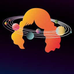 Zuzanna Zapart - Grafika przedstawiająca sylwetkę głowy w kolorach pomarańczy i czerwieni otoczoną orbitami z planetami, upamiętniająca 550. rocznicę urodzin Mikołaja Kopernika, na ciemnym tle.