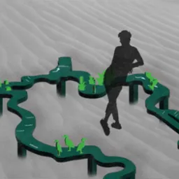 Ilustracja przedstawia sylwetkę osoby opierającej się o podwyższoną, krętą ścieżkę z zielonymi elementami roślinnymi i zwierzęcymi na piaskowym tle.