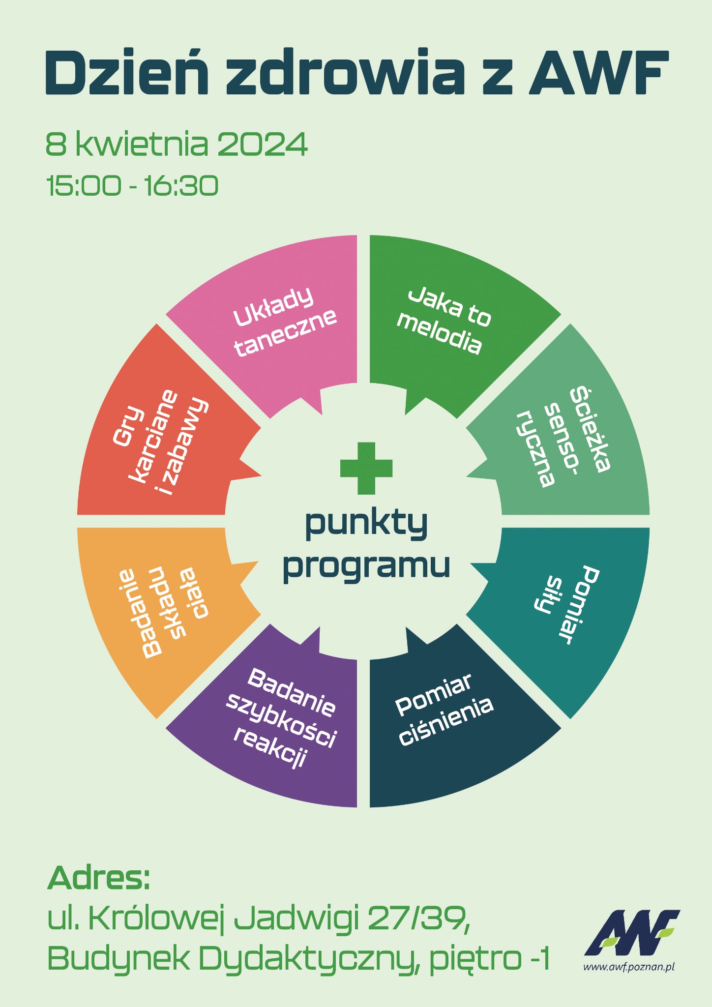 Plakat informacyjny o Dniu Zdrowia z AWF, 8 kwietnia 2024, z programem wydarzenia w formie kolorowego diagramu kołowego, zawierającego m.in. gry karciane, układy taneczne, ścieżkę sensoryczną...