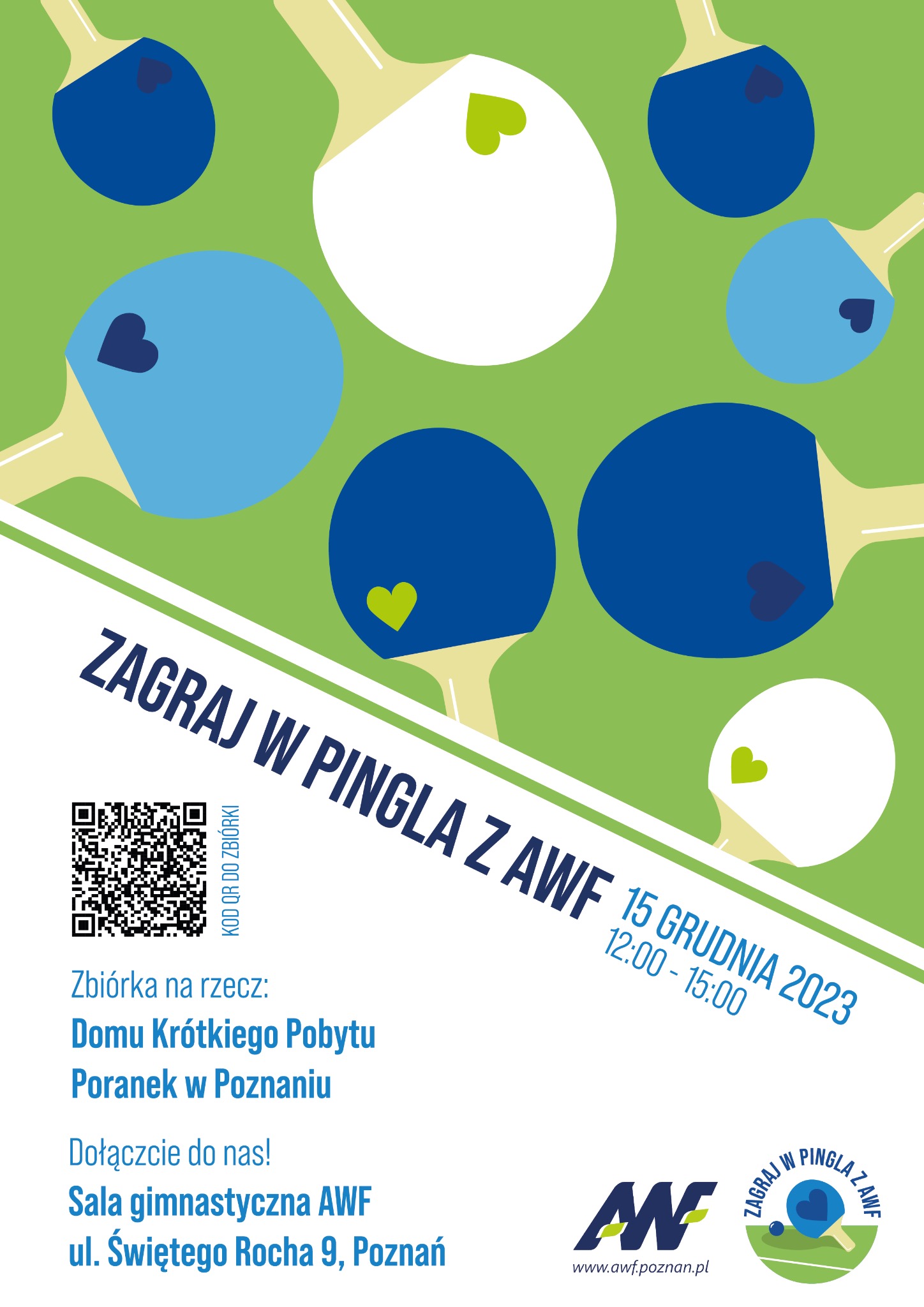 Grafika promująca wydarzenie 'Zagraj w pingla z AWF' 15 grudnia 2023, z ilustracjami rakietek do tenisa stołowego i adresem zbiórki.