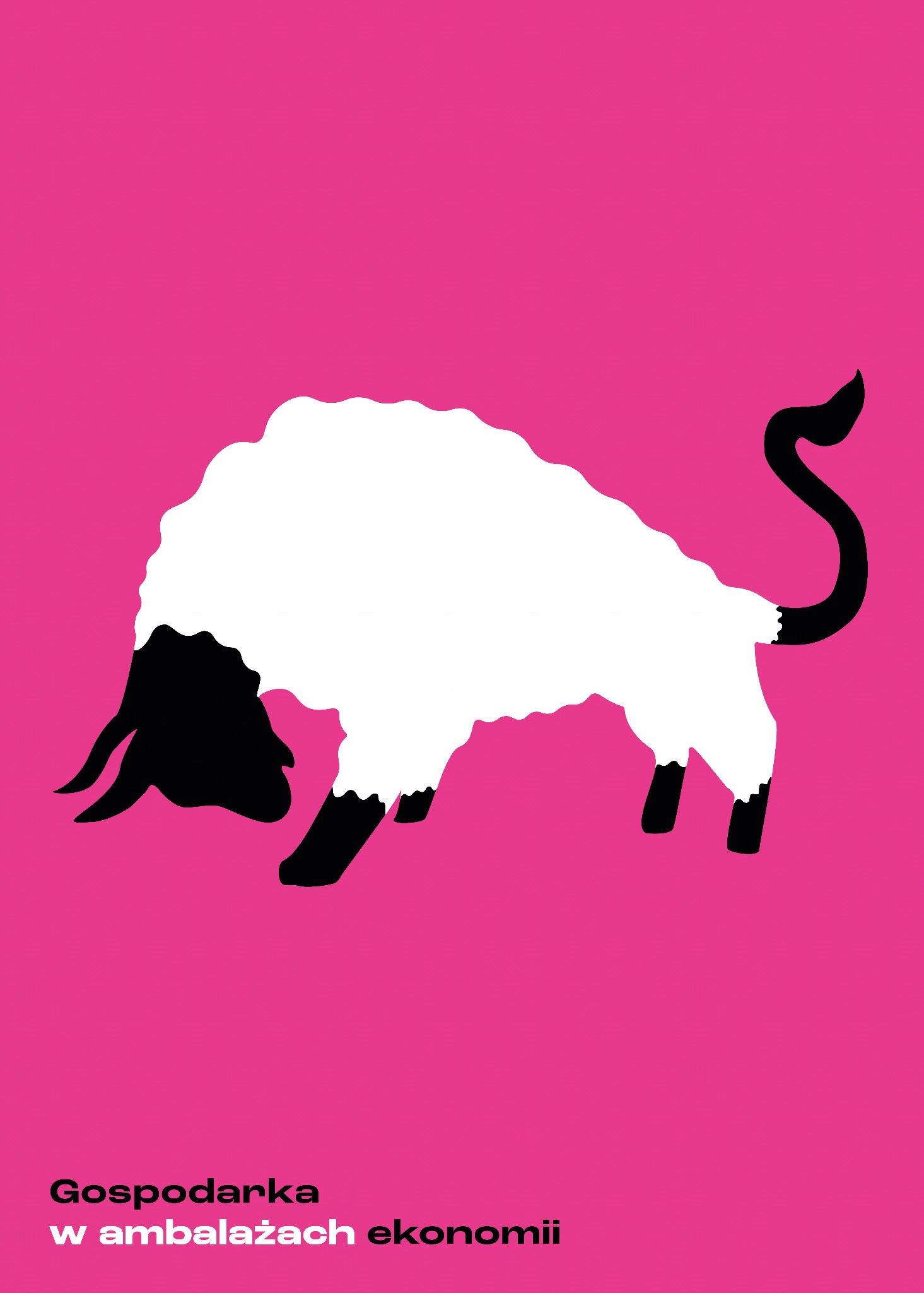 Stylizowana ilustracja białego byka z czarną głową i ogonem na intensywnie różowym tle, z tekstem 'Gospodarka w ambalażach ekonomii' u dołu.