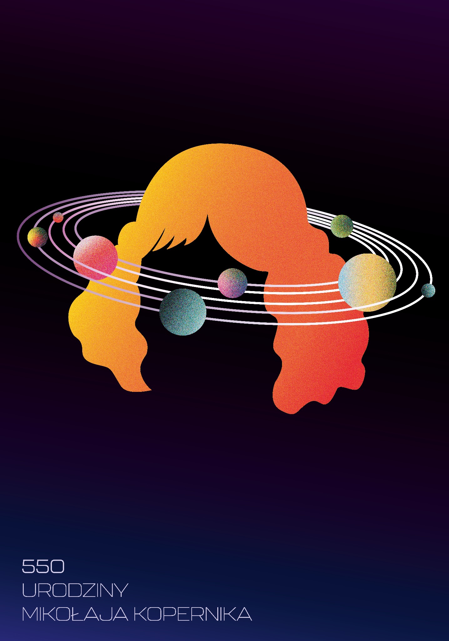 Grafika przedstawiająca sylwetkę głowy w kolorach pomarańczy i czerwieni otoczoną orbitami z planetami, upamiętniająca 550. rocznicę urodzin Mikołaja Kopernika, na ciemnym tle.