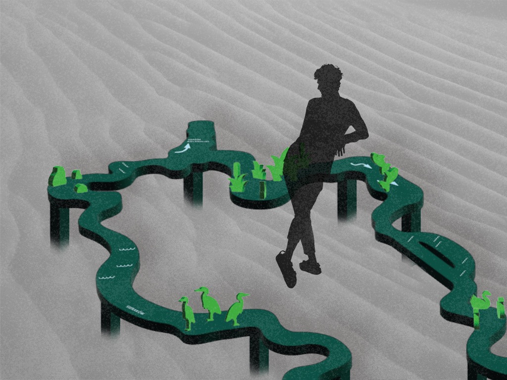 Ilustracja przedstawia sylwetkę osoby opierającej się o podwyższoną, krętą ścieżkę z zielonymi elementami roślinnymi i zwierzęcymi na piaskowym tle.