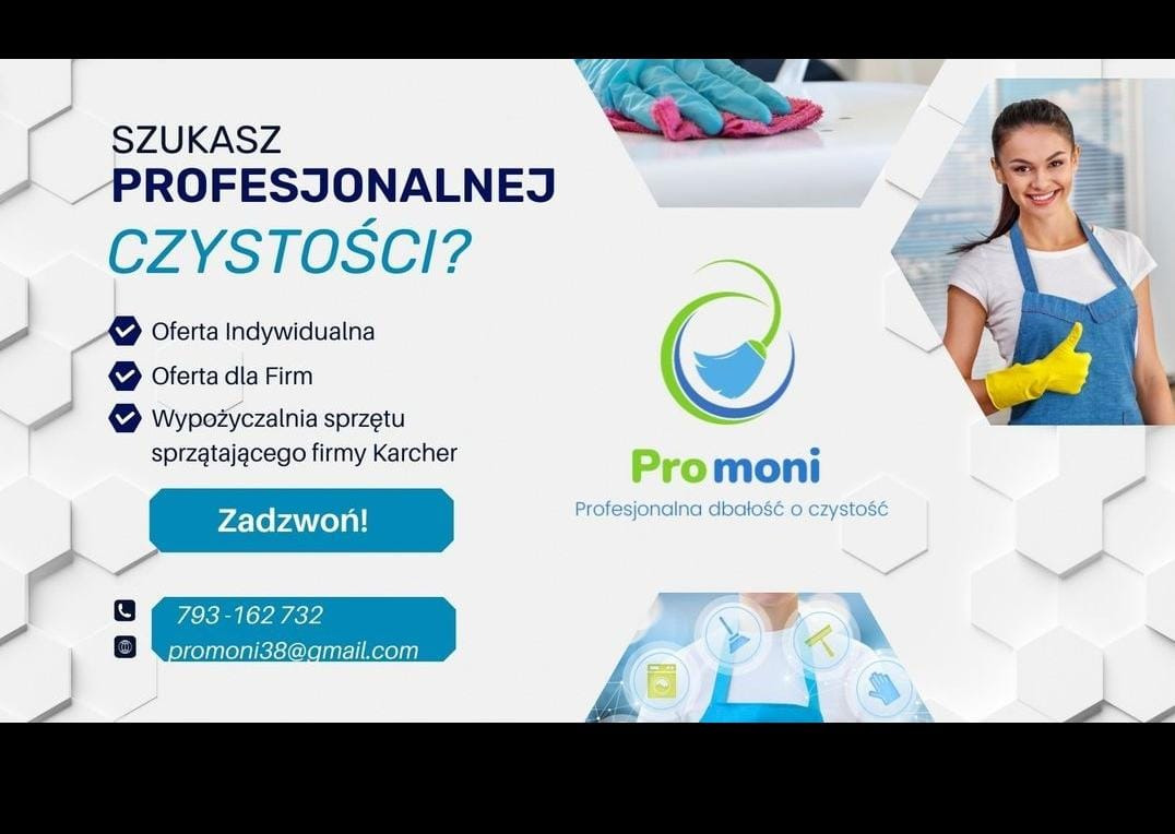 Reklama firmy sprzątającej: kobieta w fartuchu i żółtych rękawicach daje kciuk w górę, logo firmy ProMoni, hasło 'Profesjonalna dbałość o czystość', oferta dla firm i klientów indywidualnych...