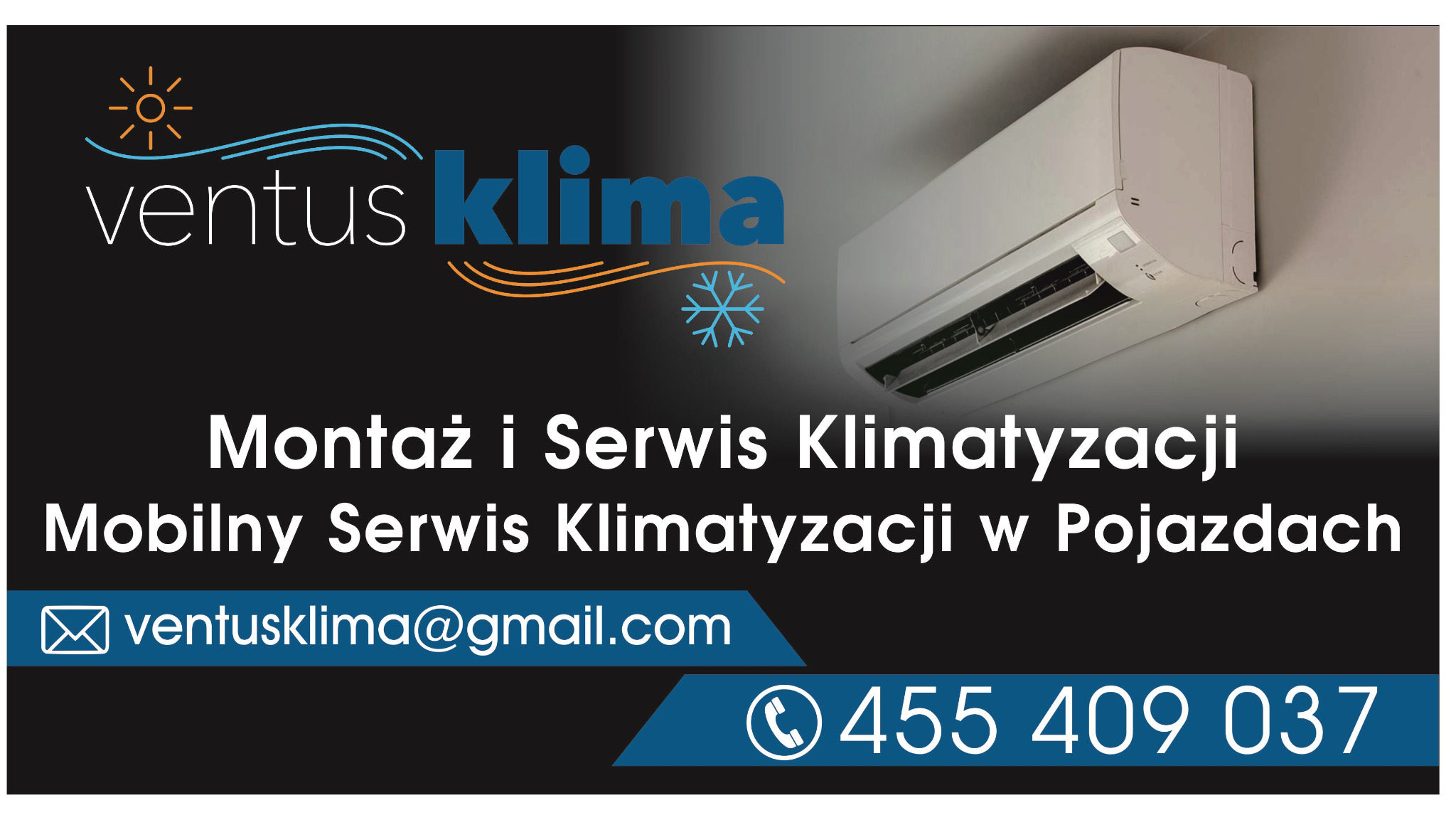 Reklama firmy Ventus Klima oferującej montaż i serwis klimatyzacji, w tym mobilny serwis klimatyzacji w pojazdach, z widocznym logo, adresem email i numerem telefonu oraz zdjęciem klimatyzatora...