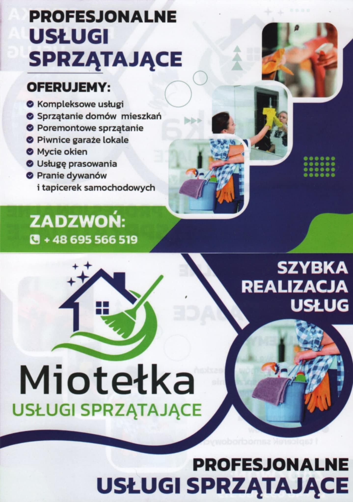 Profesjonalne usługi sprzątające: mycie okien, sprzątanie domów, po remoncie, piwnic, garaży, pranie dywanów i tapicerek. Kontakt telefoniczny widoczny na grafice.