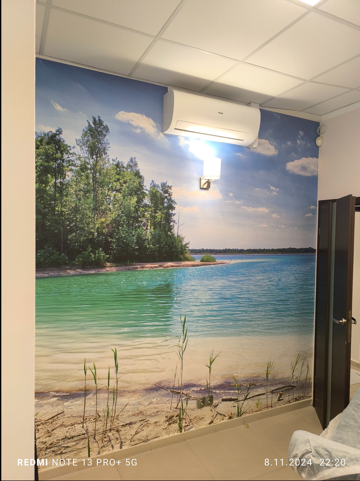 Fototapeta z motywem jeziora i lasu na ścianie w pomieszczeniu z klimatyzatorem i lampą ścienną.