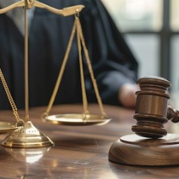 Kancelaria Prawna TEBI. Prawo gospodarcze, prawo pracy - tebi.com.pl - Złota waga sprawiedliwości i drewniany młotek sędziowski na biurku z ciemnego drewna, w tle postać w todze.