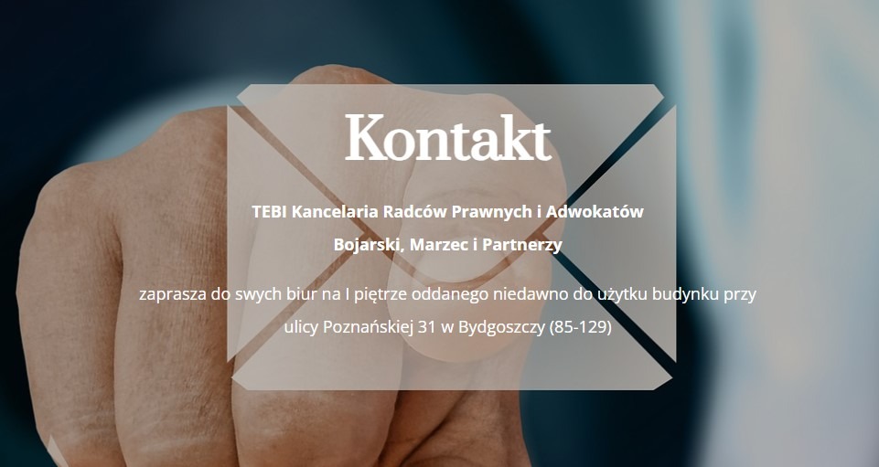 Grafika reklamowa kancelarii prawnej TEBI z Bydgoszczy, prezentująca dane kontaktowe i zaproszenie do biura na ulicy Poznańskiej.