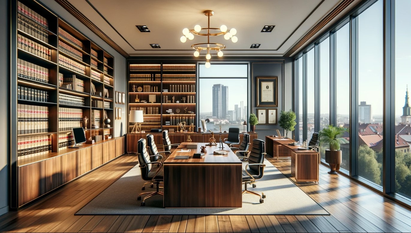 Eleganckie biuro z dużym oknem, widokiem na miasto, regałami z książkami i stołem konferencyjnym.