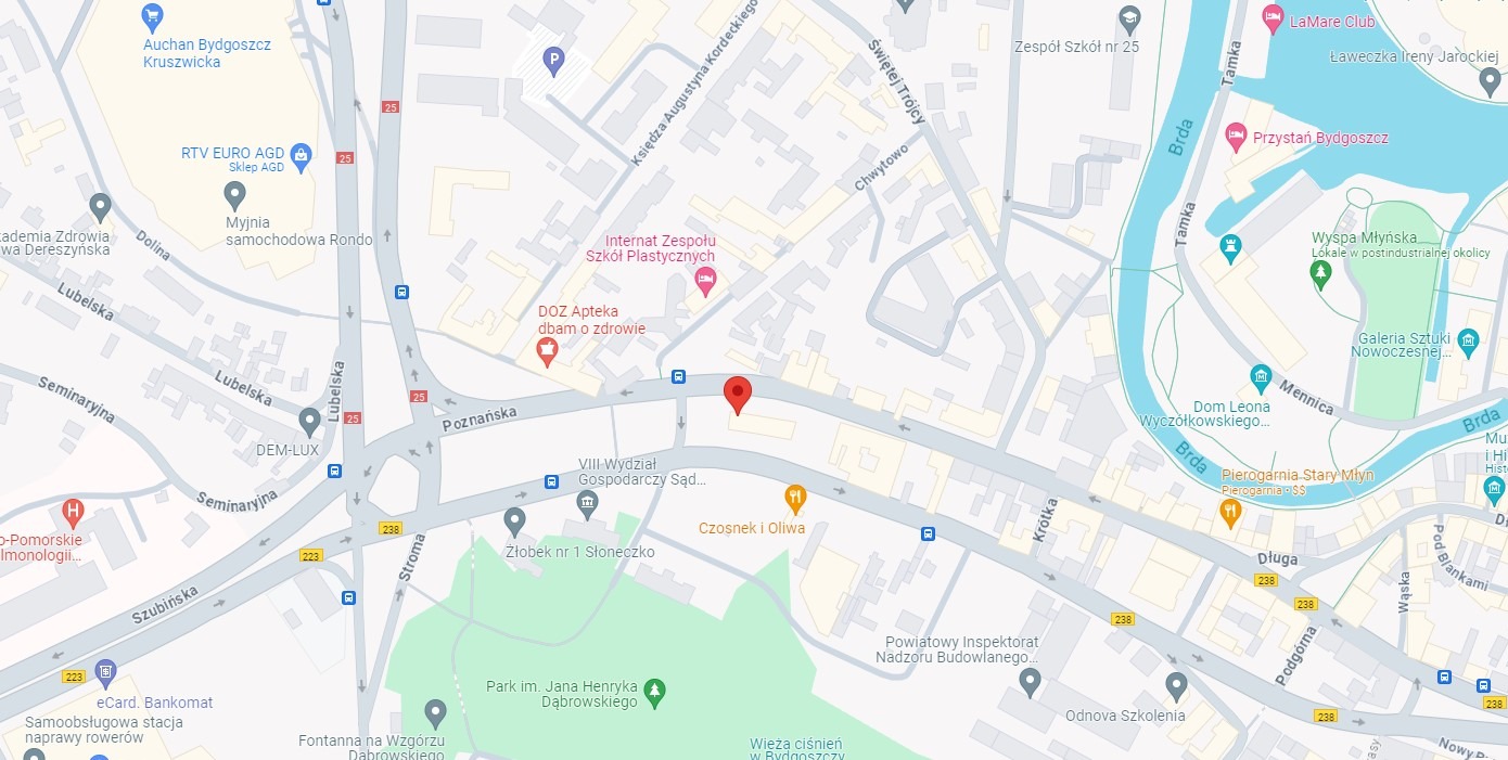 Mapa Bydgoszczy z zaznaczoną lokalizacją Kancelarii Prawnej TEBI przy ulicy Poznańskiej 31, widoczny fragment ulicy, budynki i Park im. Jana Henryka Dąbrowskiego.