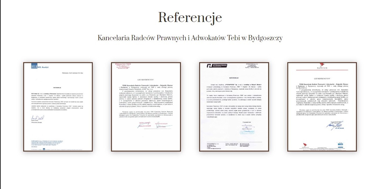Prezentacja referencji Kancelarii Radców Prawnych i Adwokatów Tebi w Bydgoszczy, zawierająca cztery dokumenty referencyjne od różnych firm.
