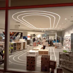 Wnętrze sklepu sportowego z torem biegowym na podłodze i unikalnym oświetleniem sufitowym w kształcie toru, widoczne przez witrynę sklepową.