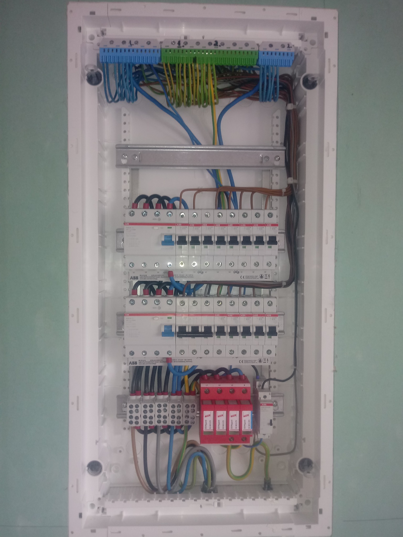 Rozdzielnica elektryczna z zamontowanymi bezpiecznikami, zabezpieczeniami przepięciowymi i listwami zaciskowymi, widoczne przewody w różnych kolorach, zamontowana w białej obudowie na tle zielonej...