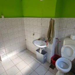 Łazienka z zielonymi ścianami i białą glazurą przed remontem, widoczna umywalka z szarą szafką, toaleta z otwartą klapą i ręcznik na ścianie.