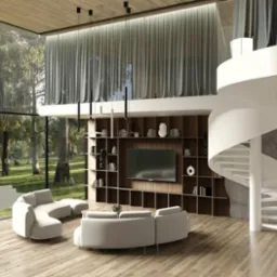 Przestronny salon w Lublinie z panoramicznym oknem, białymi sofami modułowymi, drewnianą podłogą, regałem z telewizorem i spiralnymi schodami na antresolę zasłoniętą firanami.