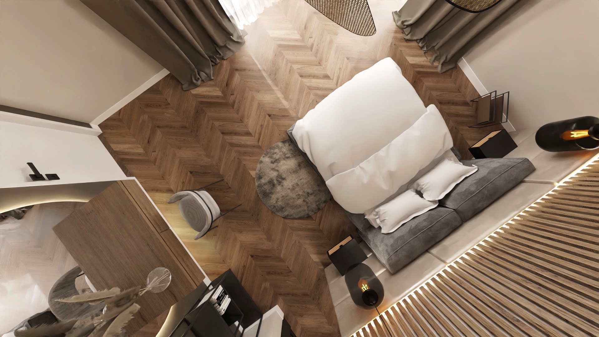 Wizualizacja sypialni z parkietem w jodełkę, szarą sofą, białymi poduszkami i okrągłym dywanem, widok z góry.