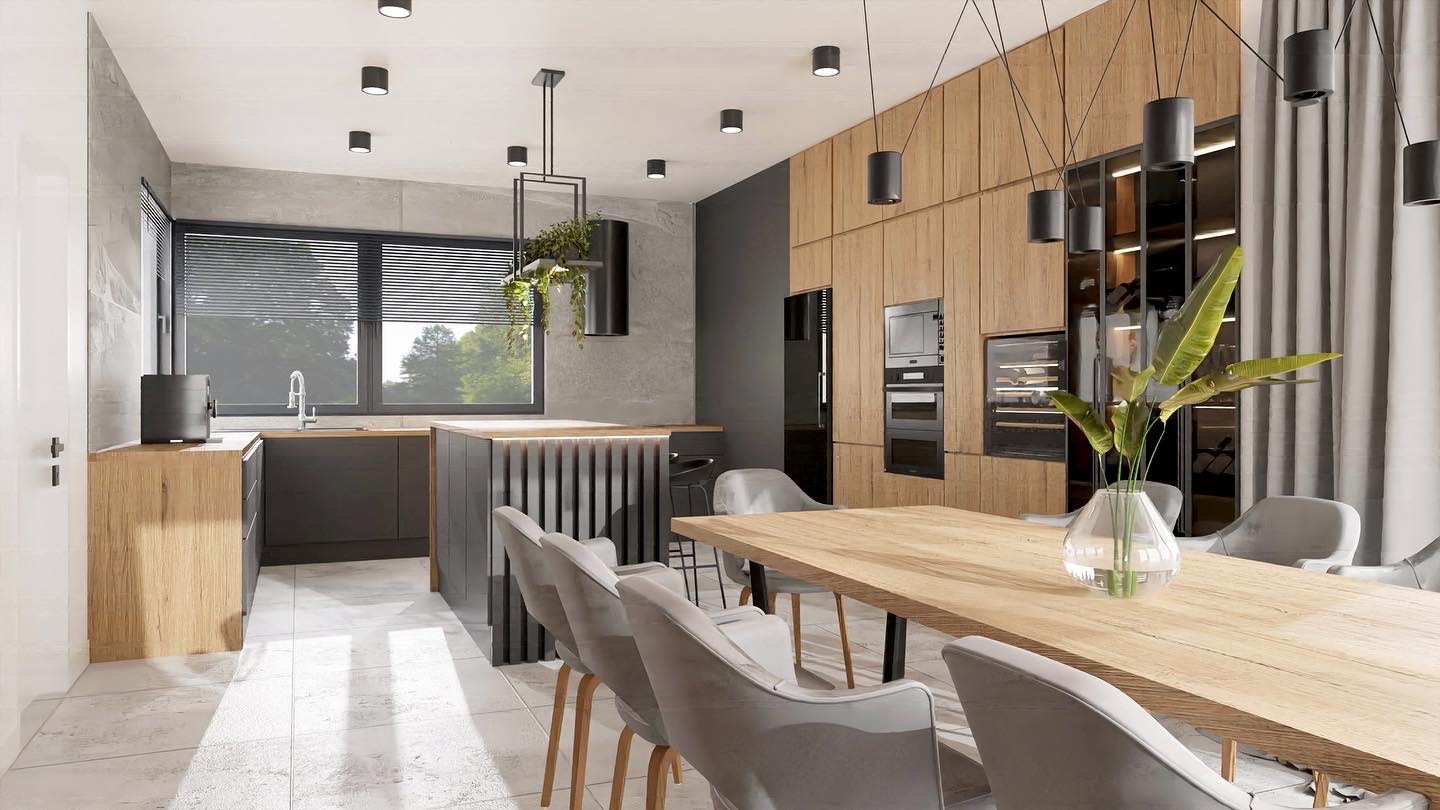 Nowoczesna kuchnia z drewnianą zabudową, wyspą z pionowymi listwami, roślinami wiszącymi pod sufitem i stołem z szarymi krzesłami.