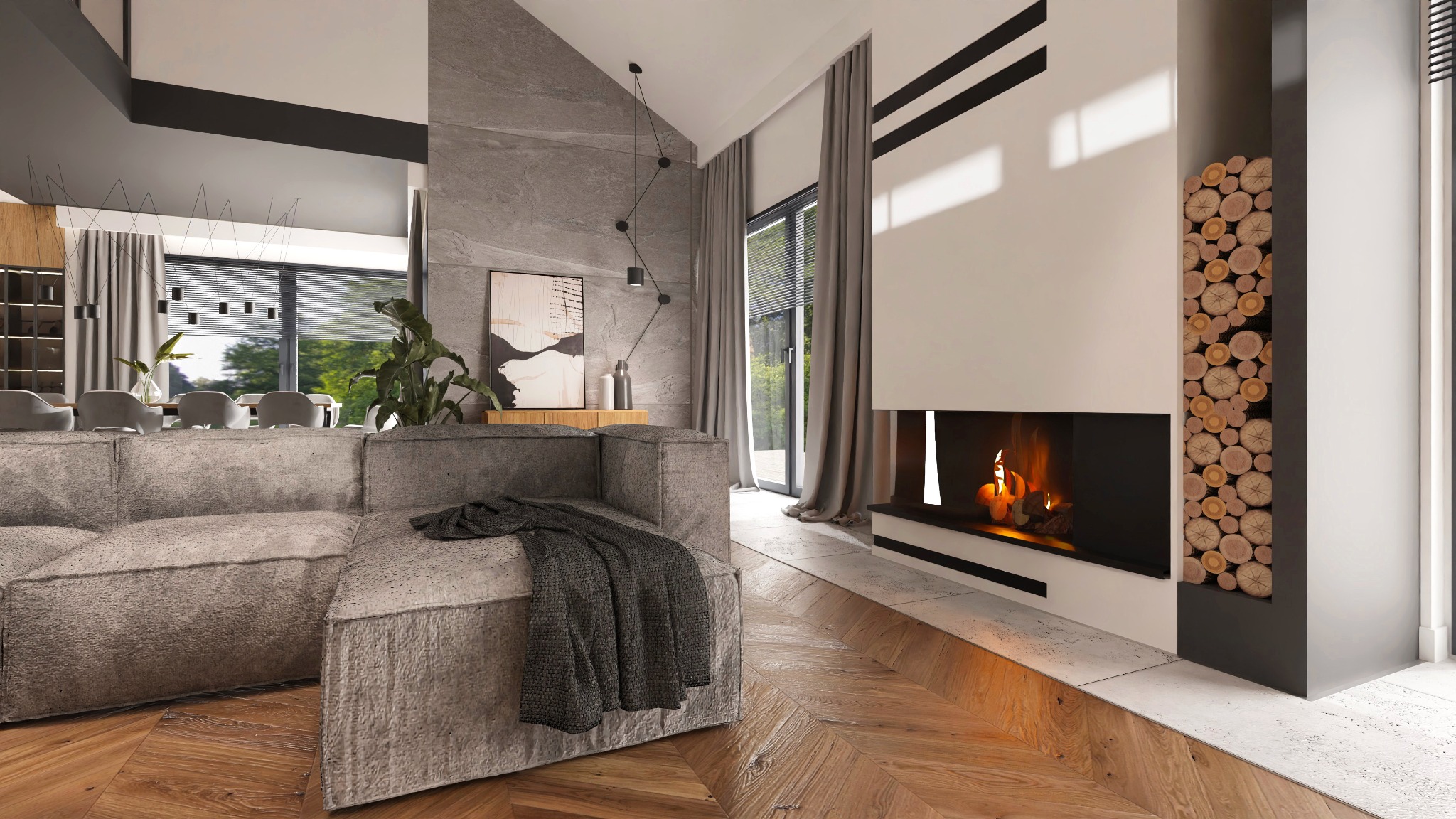 Nowoczesny salon z szarym, modułowym narożnikiem, kominkiem z dekoracyjnym drewnem, parkietem w jodełkę i minimalistycznym oświetleniem.