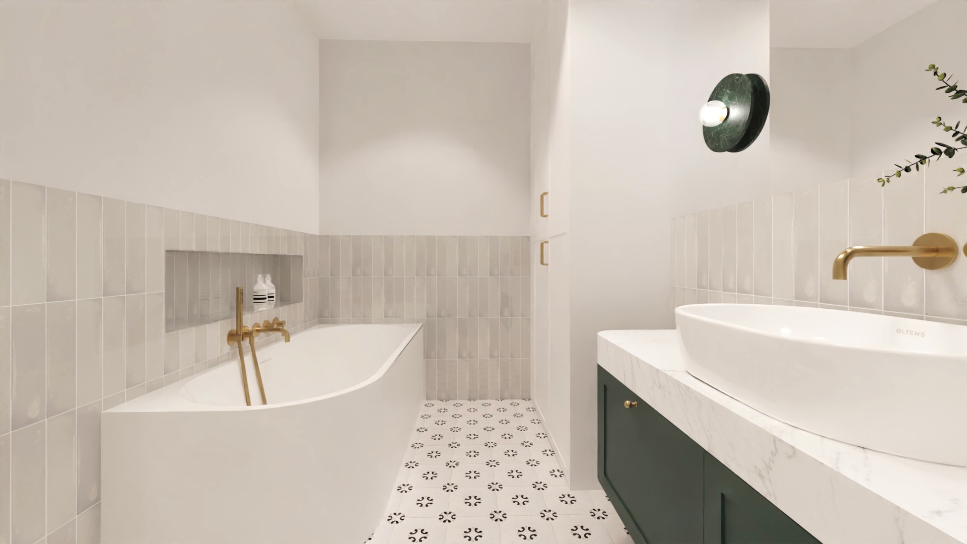 Wizualizacja łazienki z wolnostojącą wanną, złotą armaturą i umywalką nablatową, płytki w odcieniach bieli i szarości, podłoga w biało-czarne wzory, oświetlenie w stylu art deco.