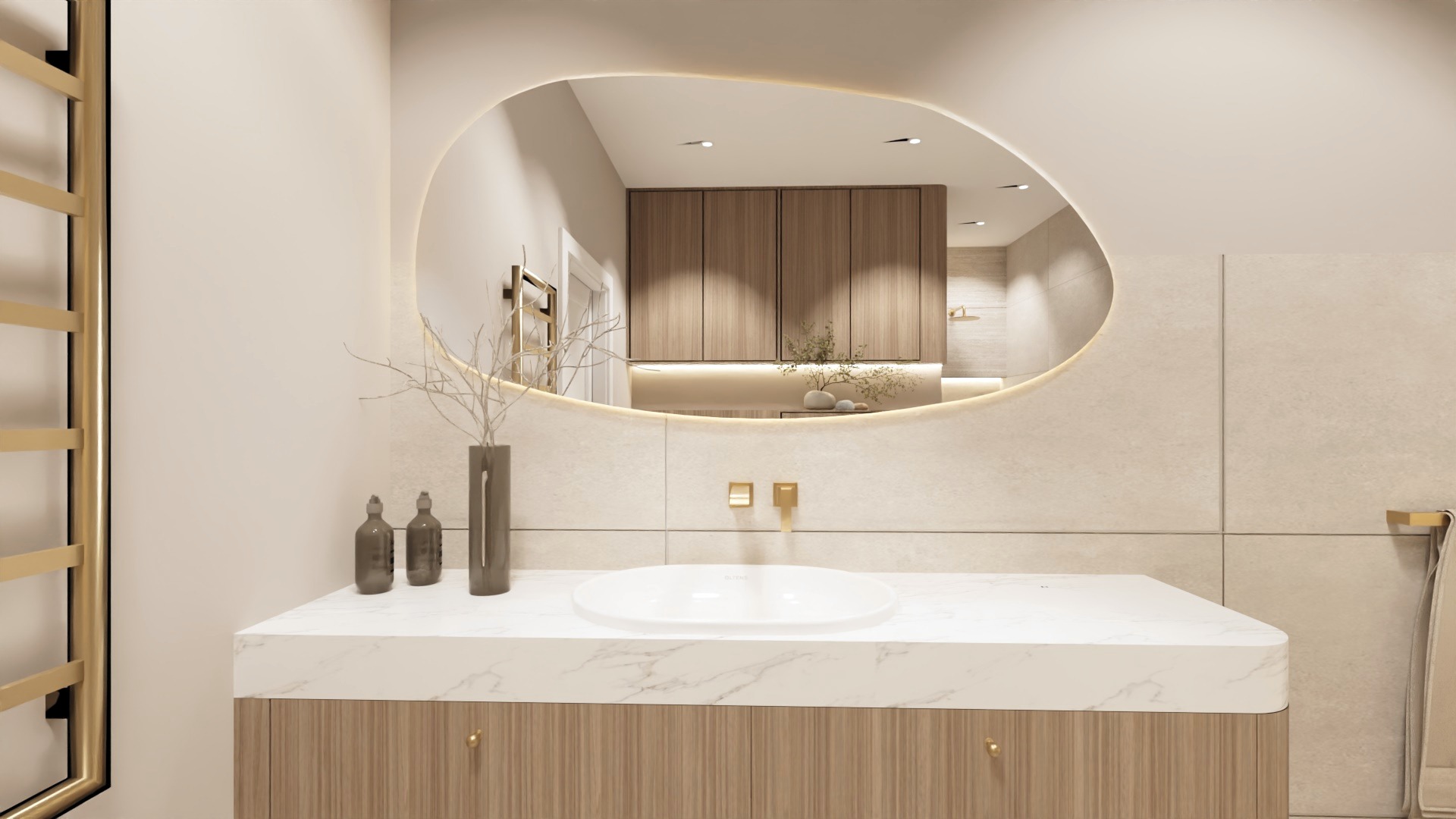 Nowoczesna łazienka z owalnym lustrem podświetlonym LED, marmurowym blatem, drewnianymi szafkami i minimalistyczną umywalką.