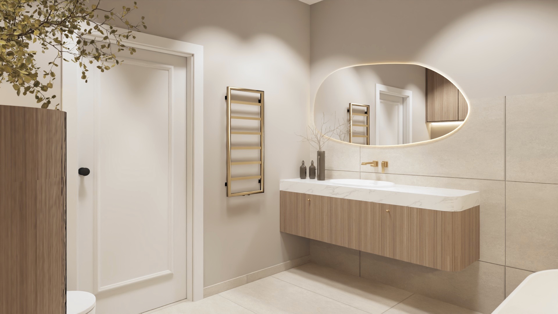 Nowoczesna łazienka z owalnym lustrem podświetlonym LED, drewnianą szafką pod umywalką z blatem imitującym marmur, złotym grzejnikiem drabinkowym i beżowymi płytkami.