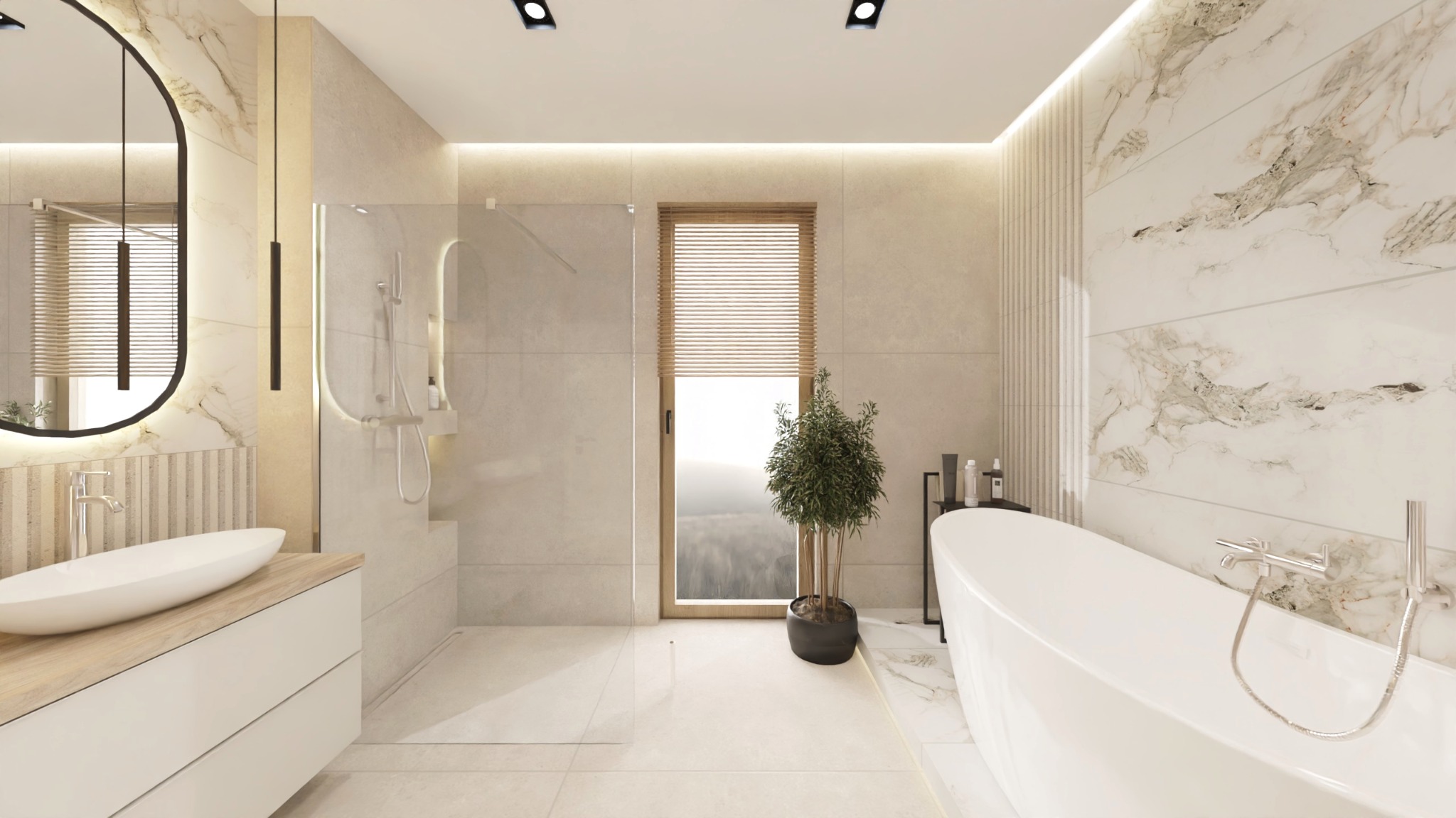 Nowoczesna łazienka z wolnostojącą wanną, przeszklonym prysznicem, umywalką nablatową i dużym lustrem w czarnej ramie, oświetlona punktowo i listwą LED.