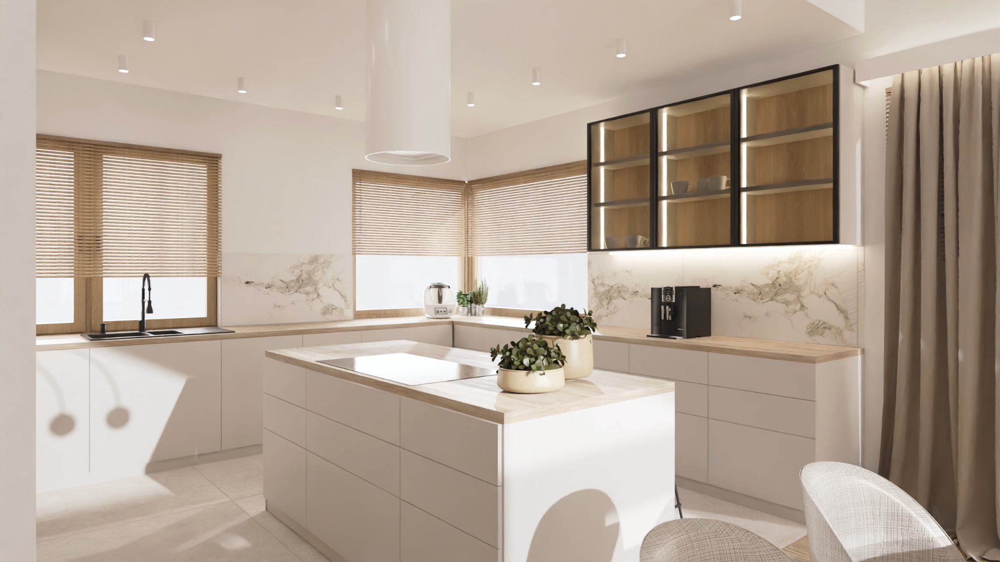 Jasna kuchnia w minimalistycznym stylu z wyspą kuchenną, drewnianymi żaluzjami i marmurowym backsplash, oświetlona punktowymi lampami sufitowymi i podświetleniem szafek.