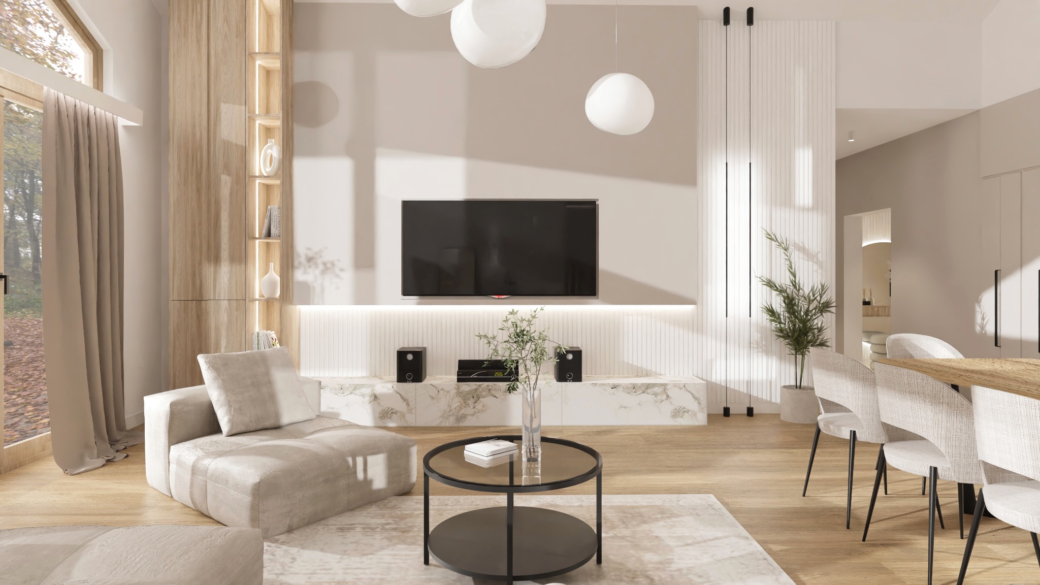 Jasny salon z beżową sofą modułową, marmurową szafką RTV, okrągłym stolikiem kawowym i drewnianą podłogą, oświetlony trzema kulistymi lampami wiszącymi.