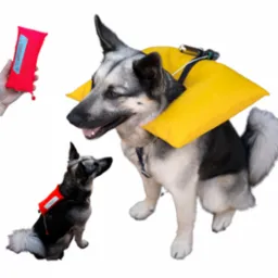 Dwa psy rasy husky, jeden z żółtą nadmuchiwaną kamizelką ratunkową na szyi, drugi z czerwoną kamizelką ratunkową na grzbiecie, prezentacja produktu z instrukcją w ręce.