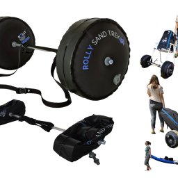 w3k r&d - Zestaw do transportu plażowego Rolly Sand Trek z pompowanymi kołami, pokazany w różnych konfiguracjach, w tym jako wózek do przewozu krzeseł i desek surfingowych, oraz z osobą demonstrującą jego...