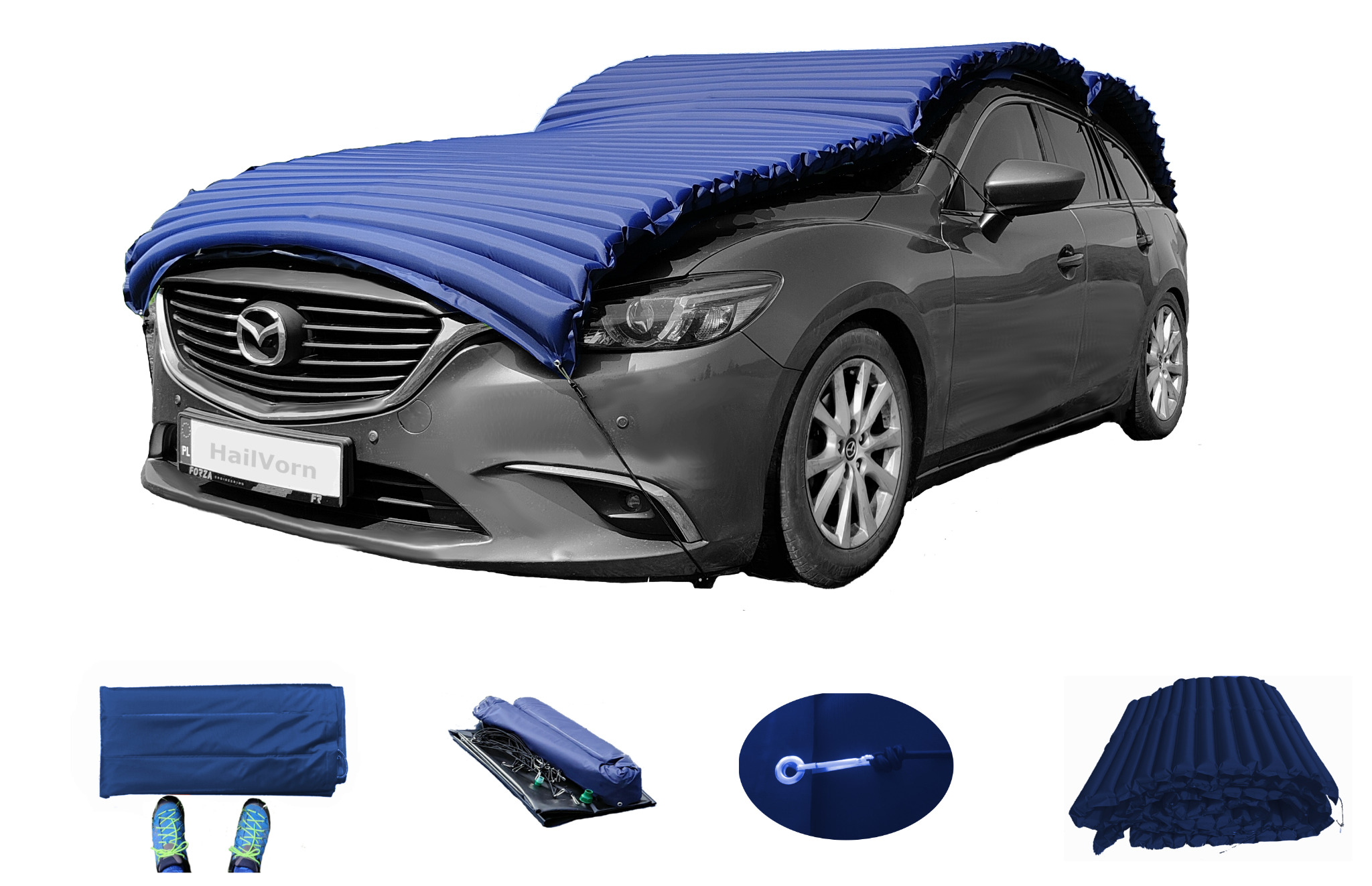 Szary samochód Mazda z niebieską, pompowaną osłoną przeciwgradową; w dolnej części zdjęcia widoczne dodatkowe elementy zestawu, w tym zwinięta osłona, buty i element mocujący.