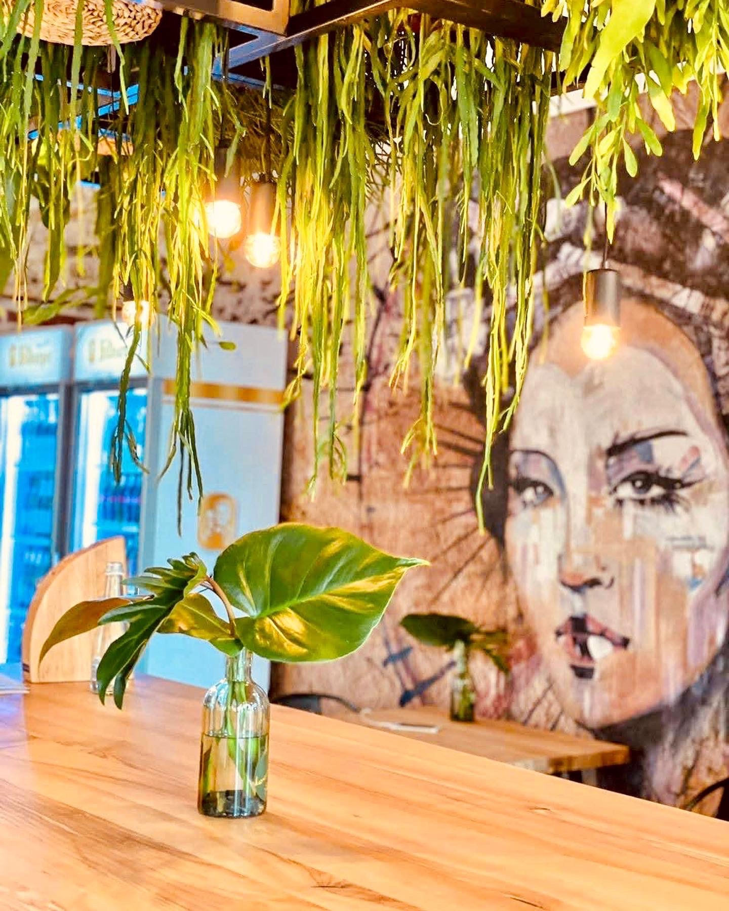 Wnętrze kawiarni z drewnianym blatem, na którym stoi szklana butelka z zielonymi liśćmi. Nad blatem wiszą rośliny zwisające z sufitu oraz lampy. W tle widoczny mural z wizerunkiem kobiety i lodówka...