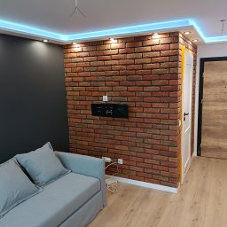 Cristal - Pokój dzienny po remoncie: ściana z cegły dekoracyjnej, szara ściana, sofa z poduszkami, oświetlenie LED sufitowe.