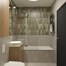 JAS Studio - Nowoczesna łazienka z akcentami miedzi: deszczownica, umywalka nablatowa na drewnianej szafce, płytki w odcieniach szarości i beżu, minimalistyczny design.