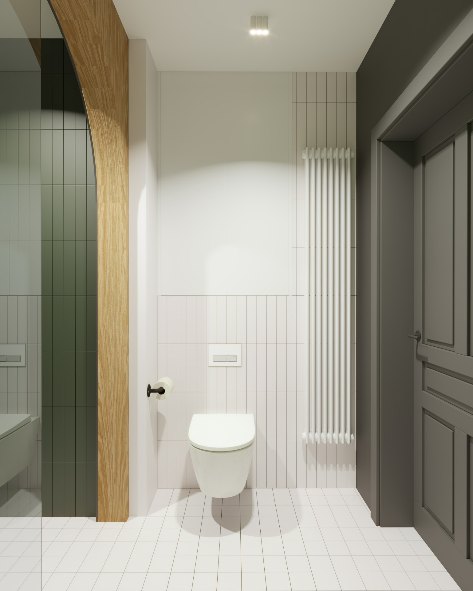 Nowoczesna łazienka z białymi płytkami, podwieszaną toaletą i drewnianym akcentem. Minimalistyczny design z grzejnikiem żeberkowym i szarą stolarką drzwiową.