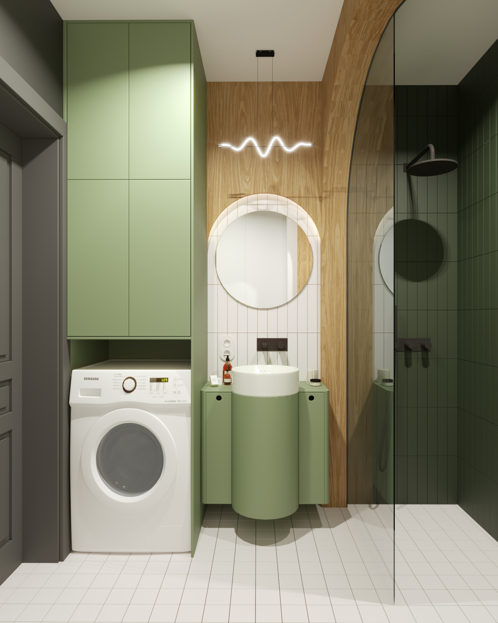 Wizualizacja łazienki w odcieniach zieleni z drewnianymi akcentami. Kabina prysznicowa ze szklaną ścianą, okrągłe lustro i pralka pod zabudową.