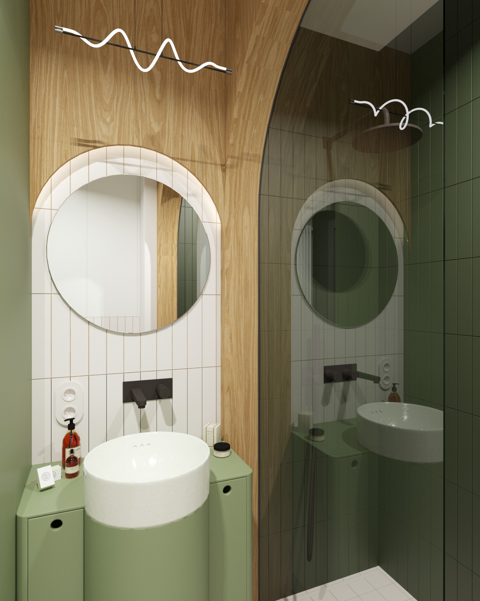 Nowoczesna łazienka z okrągłym lustrem, umywalką nablatową i zielonymi szafkami. Ściany wyłożone białymi i drewnianymi płytkami. Oświetlenie LED w kształcie fali.