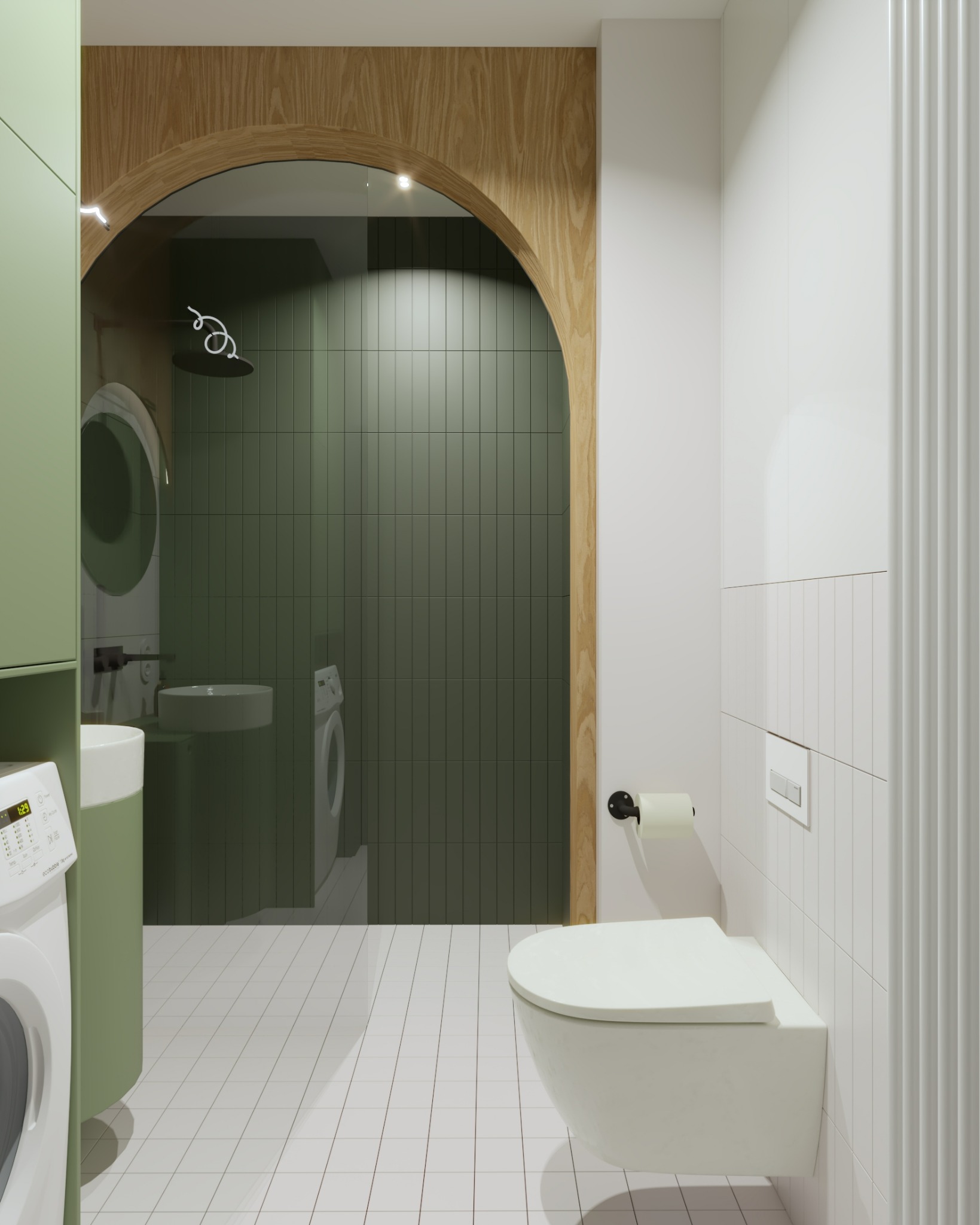Nowoczesna łazienka z kabiną prysznicową oddzieloną łukiem z drewna, zielone płytki i biała ceramika tworzą spójną całość. Widoczna pralka i minimalistyczne dodatki.