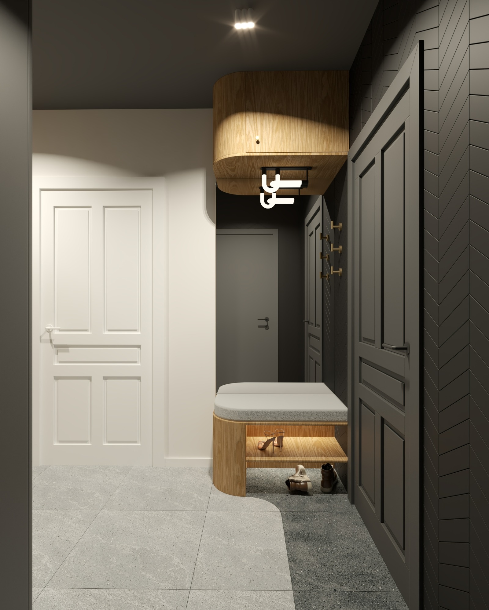 Nowoczesny przedpokój z drewnianą zabudową, siedziskiem i oświetleniem. Ciemne ściany w jodełkę kontrastują z jasnymi drzwiami i podłogą. Minimalistyczny design.