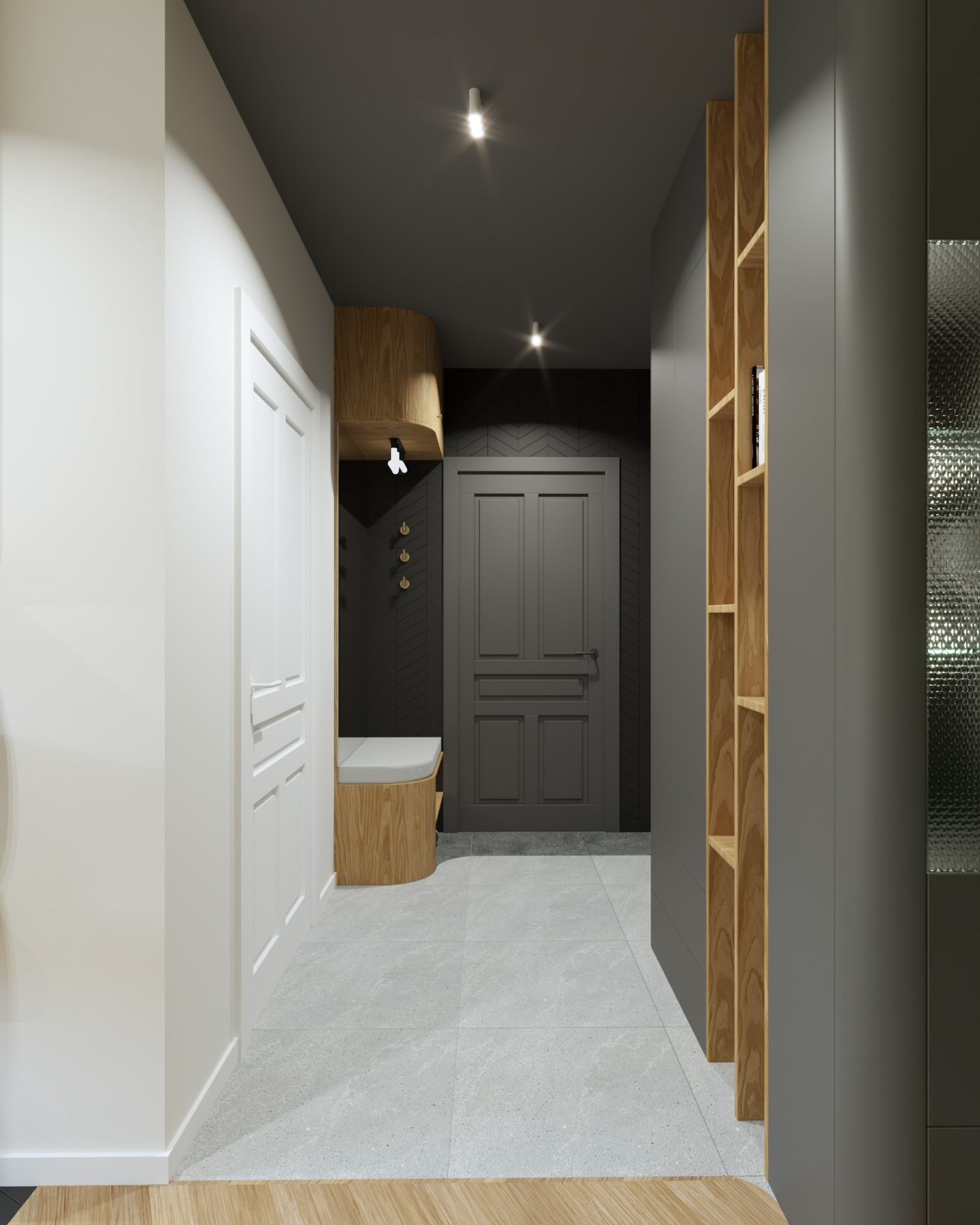 Wizualizacja korytarza z drewnianą szafką z siedziskiem, szarą zabudową z regałem i dekoracyjną szybą, oraz ciemnoszarą ścianą z wieszakami i drzwiami.