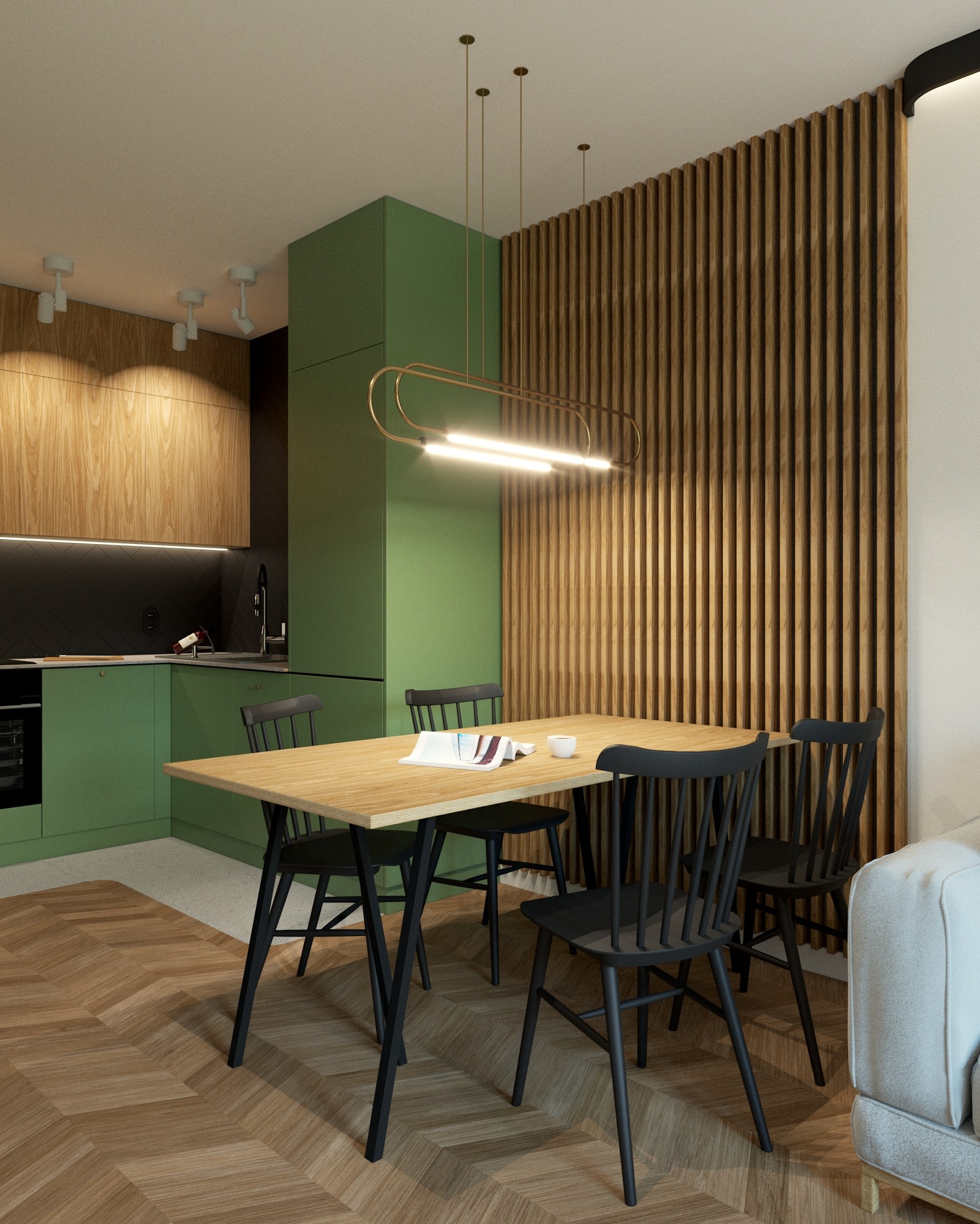 Nowoczesna jadalnia z zieloną zabudową kuchenną i drewnianymi lamelami na ścianie. Stół z czarnymi krzesłami, oświetlony podłużną lampą.