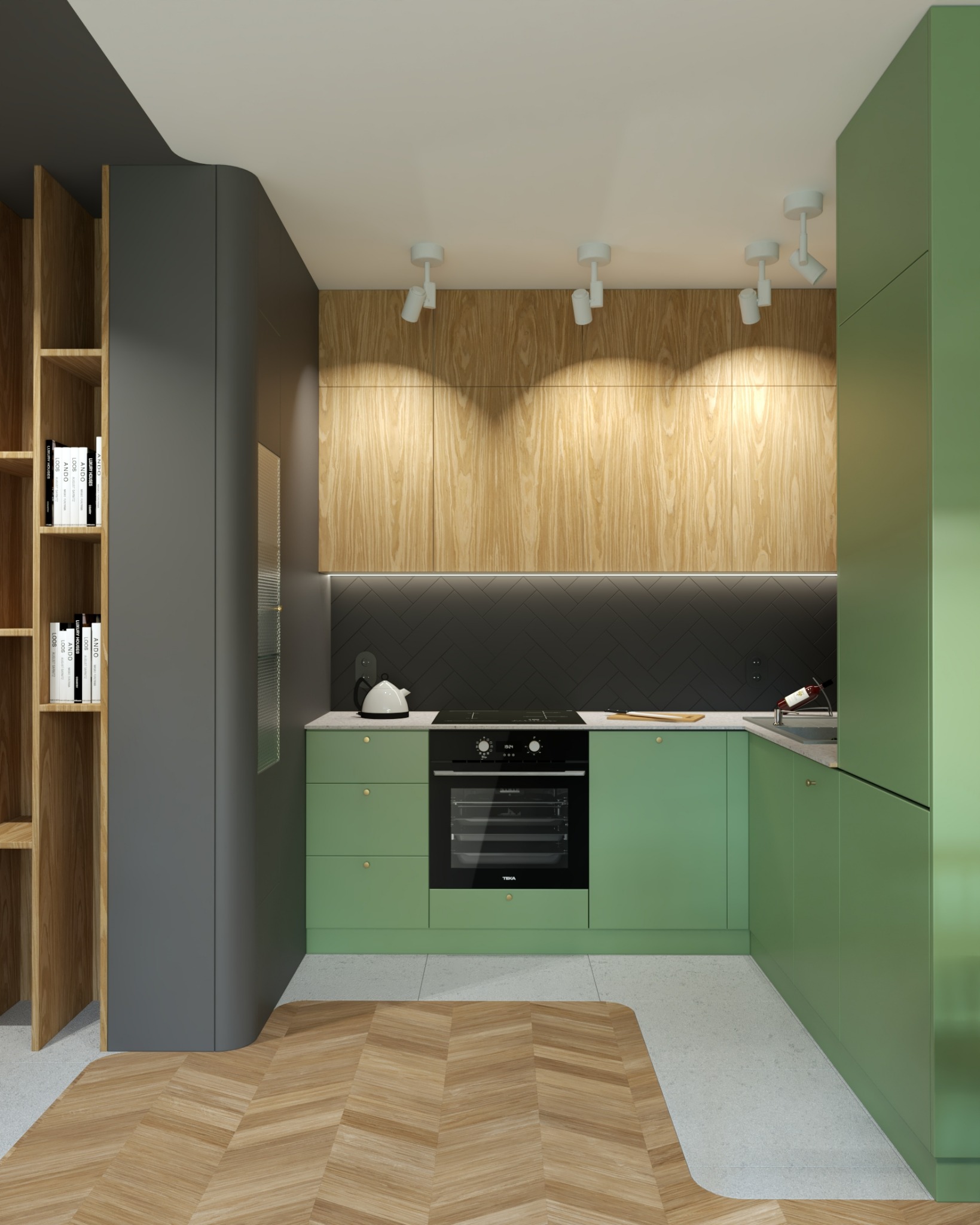 Wizualizacja kuchni w odcieniach zieleni z drewnianymi akcentami, czarnym backsplashiem i parkietem w jodełkę. Widoczne oświetlenie punktowe i półka z książkami.