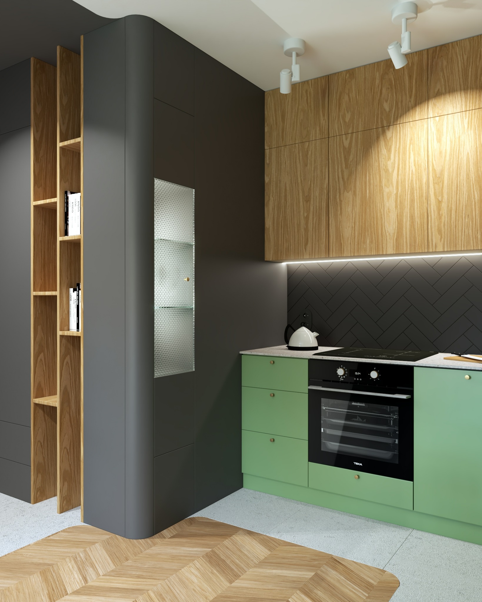 Nowoczesna kuchnia w odcieniach szarości i zieleni z drewnianymi akcentami. Uwagę przyciąga podłoga ułożona w jodełkę oraz oświetlenie punktowe.