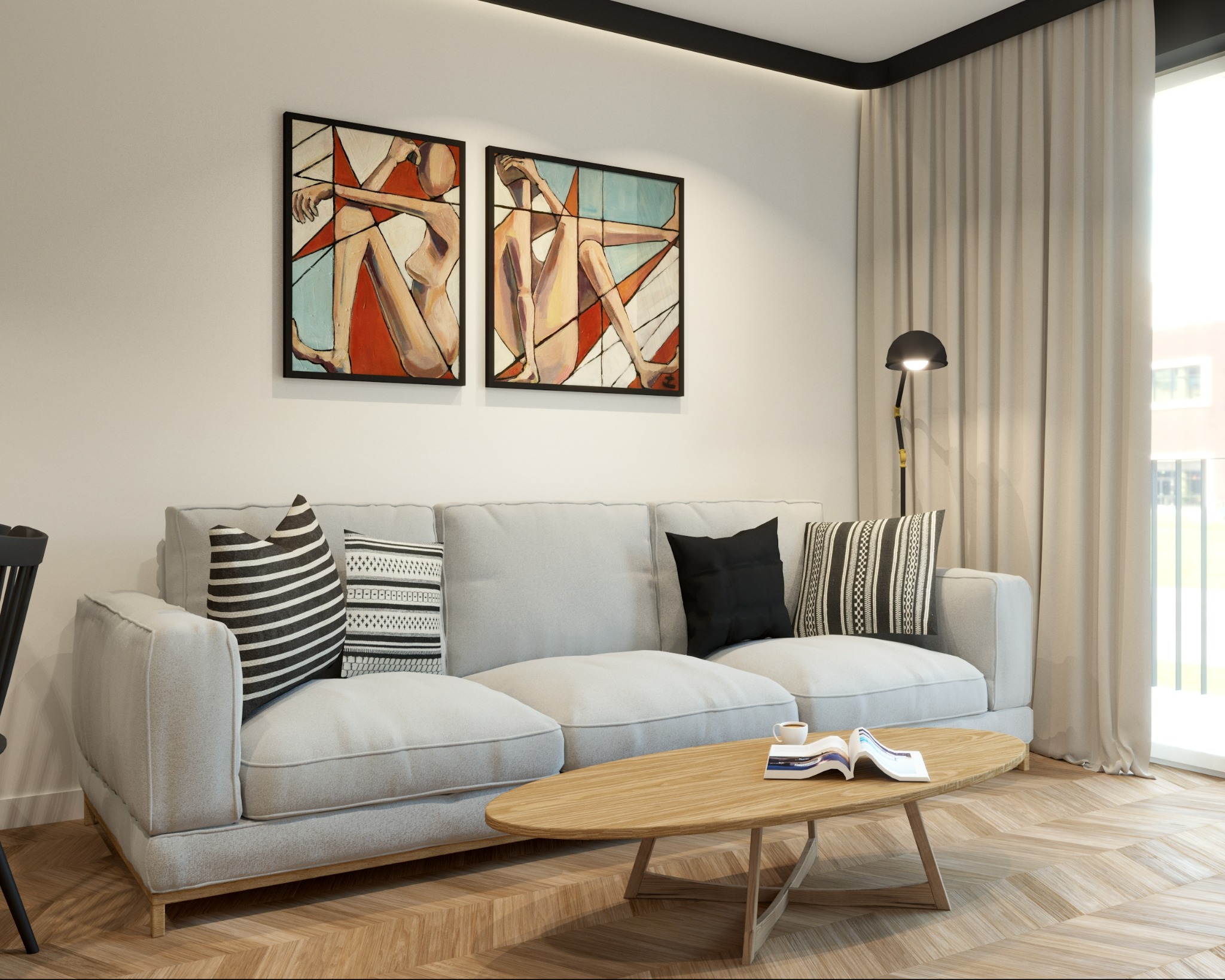 Stylowy salon z szarą sofą, drewnianym stolikiem kawowym i abstrakcyjnymi obrazami na ścianie. Parkiet ułożony w jodełkę, dopełniają wystrój wnętrza.